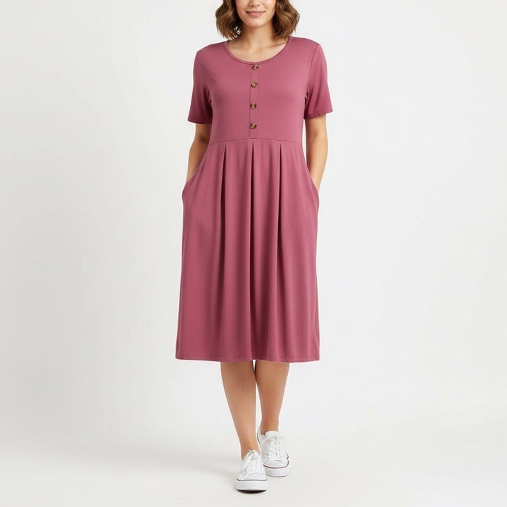Womens Plus Size XL Mauve Pink Button Front Short Sleeve Midi Dress Pockets
