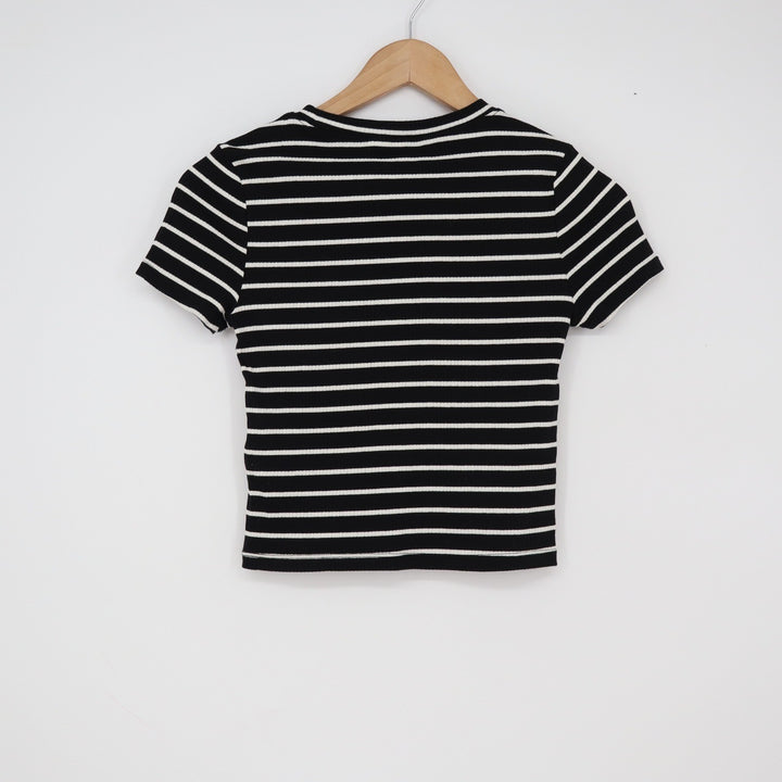 H&M T-Shirt Womens S Divided Basic Ribbed Black White Striped Excellent