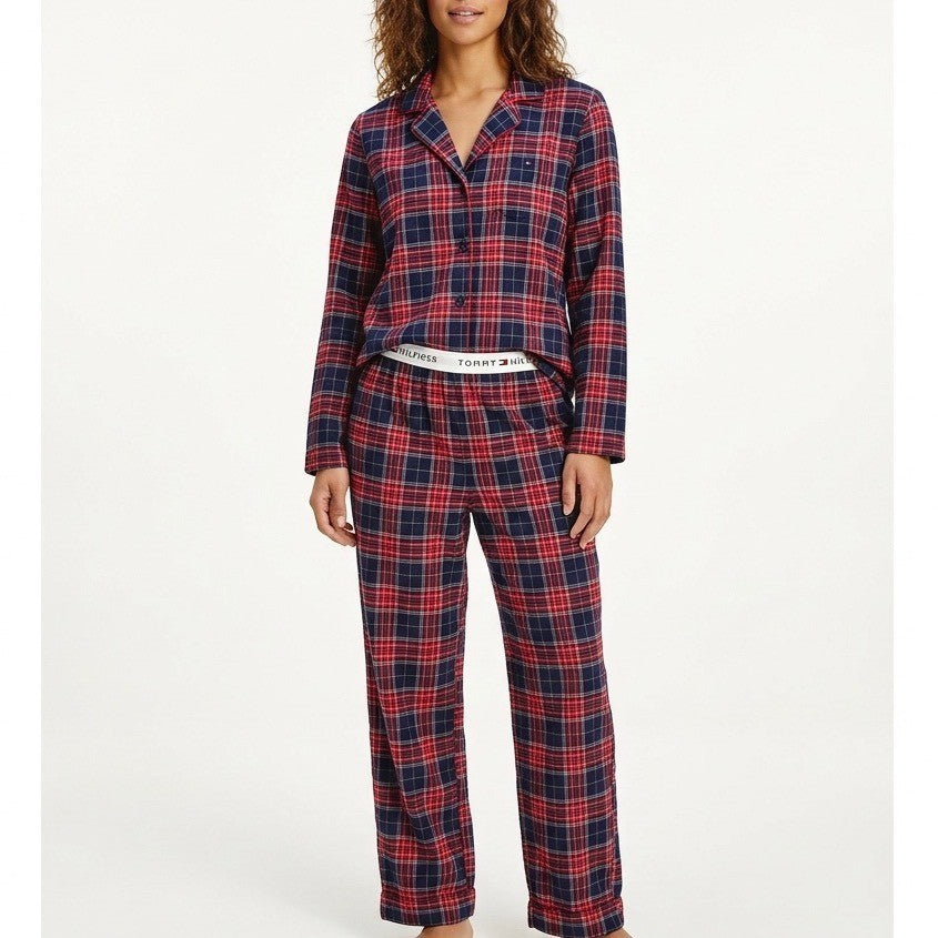 Tommy Hilfiger 2 Piece Flannel Pajama Set Womens Medium Red Blue Plaid Cotton