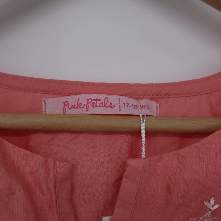 Pink Petals Girls Coral Pink Embroidered Kurta Set 2pc Tunic & Pants Size 17-18y