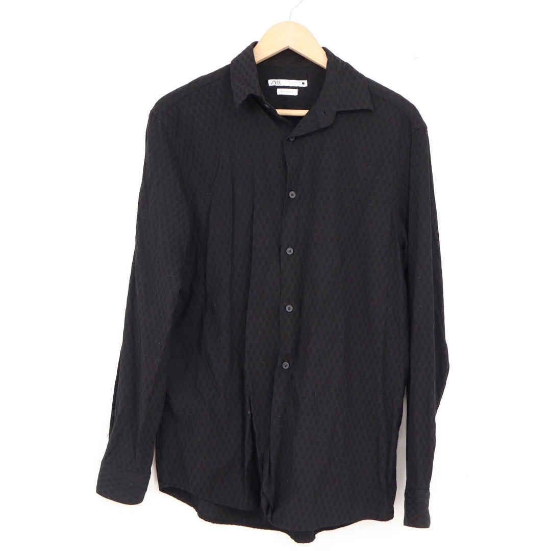 Zara Man Black Diamond Textured Regular Fit Long Sleeve Button Down Shirt Size M