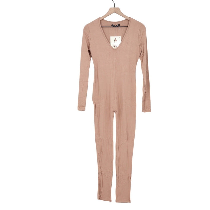 Naked Wardrobe Tan Long Sleeve V-Neck Bodycon Jumpsuit Size M