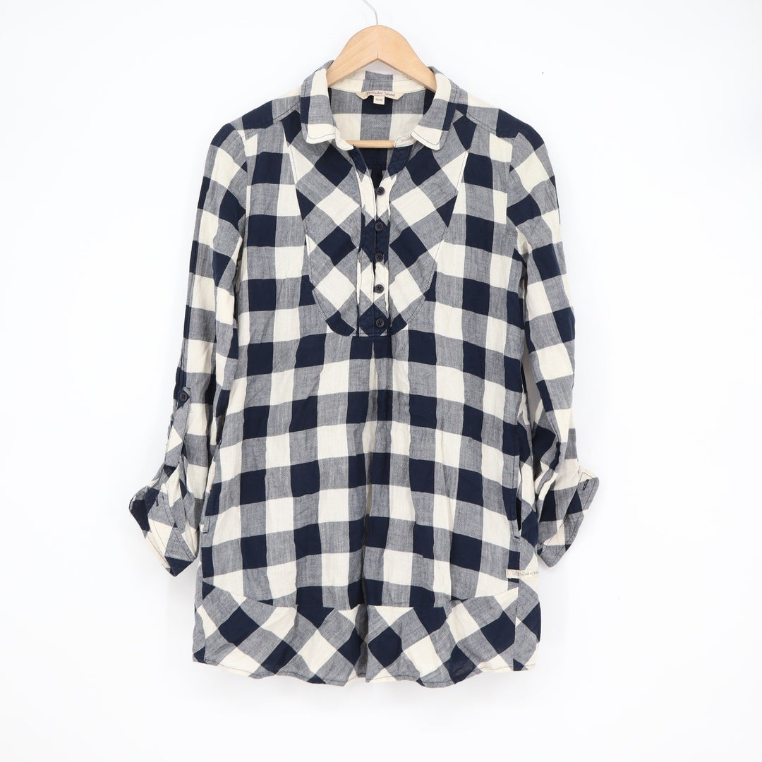Thursday Island Navy Cream Buffalo Plaid Roll Tab Sleeve Tunic Shirt Size M