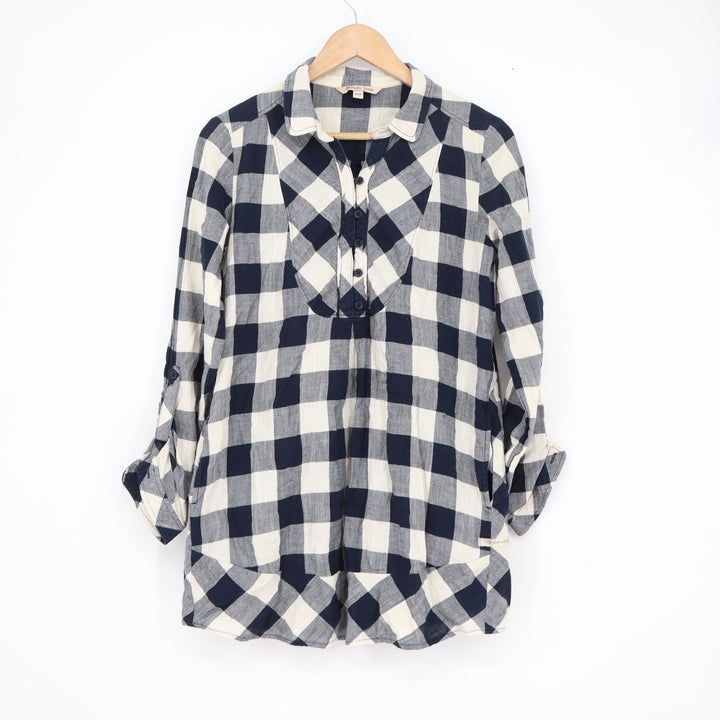 Thursday Island Navy Cream Buffalo Plaid Roll Tab Sleeve Tunic Shirt Size M
