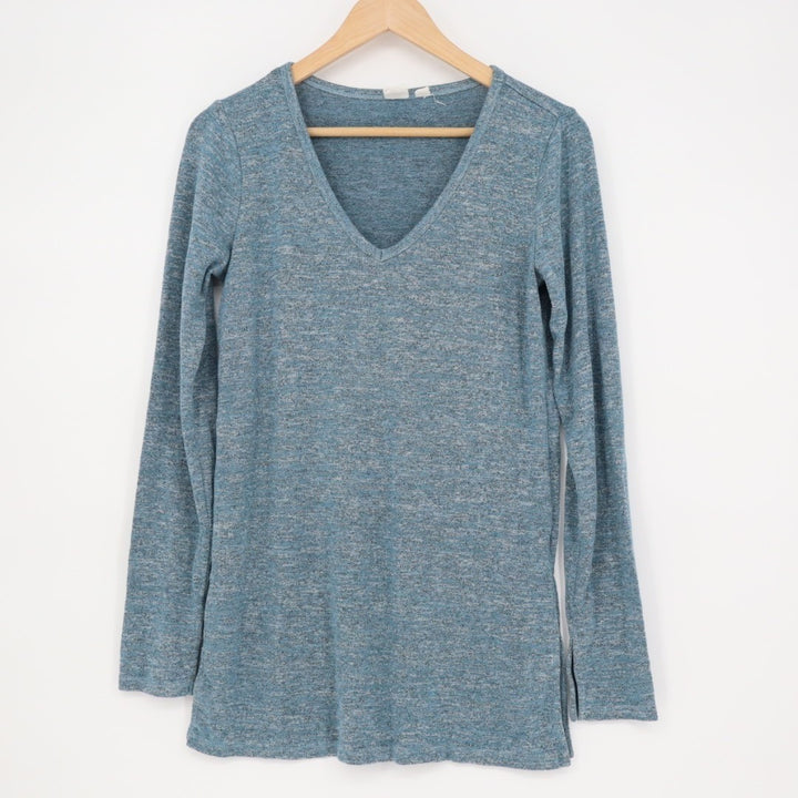 Gap Shirt Women Small Heather Blue Rayon Stretch Softspun Knit Slit Tunic V-Neck