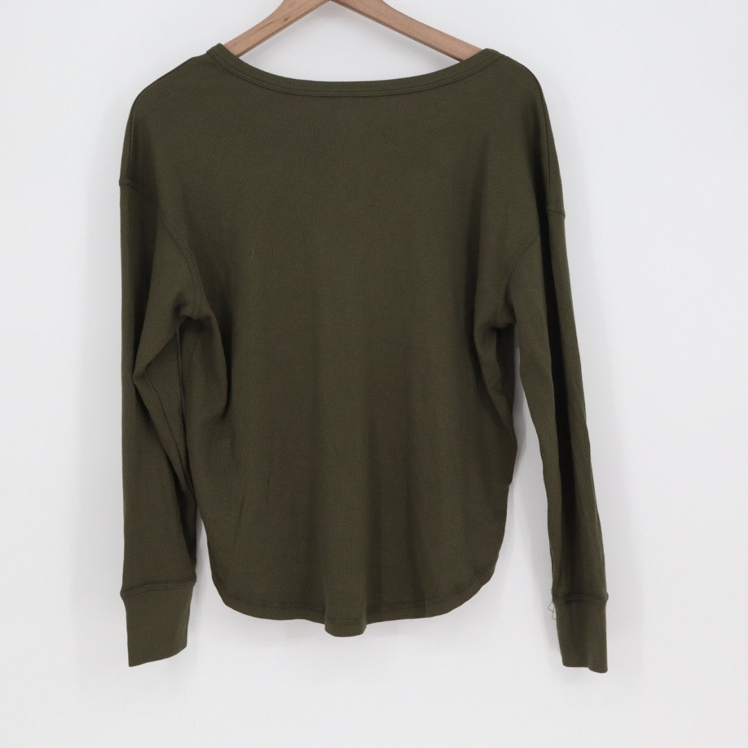 American Giant Luxe Rib Womens Large Olive Green V-Notch Long Sleeve Pullover