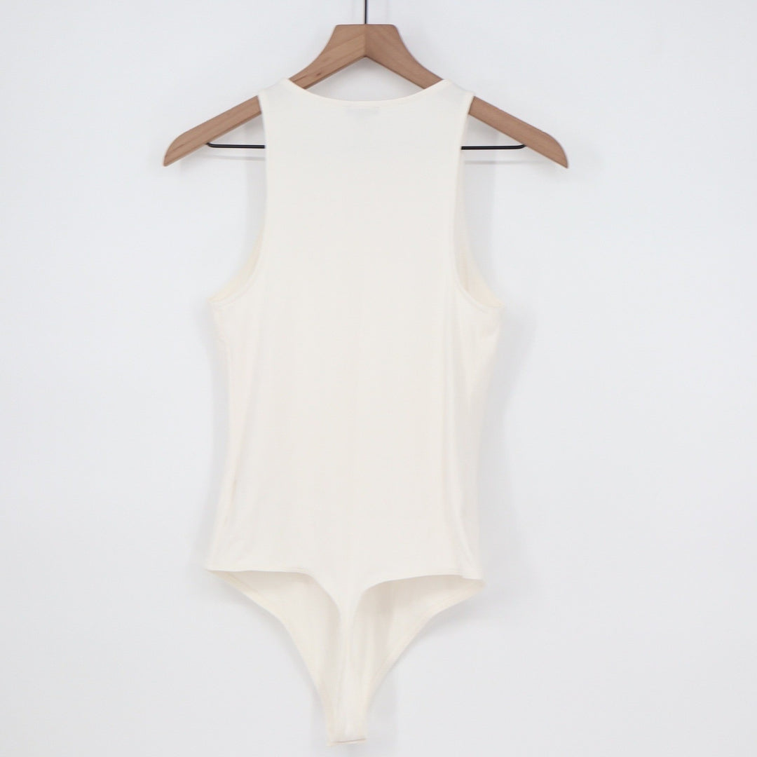 Express Body Contour Ribbed High Neck Racerback Bodysuit Off White Cream Medium