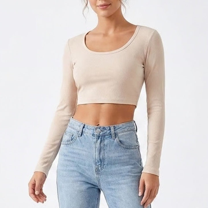 SHEIN Beige Ribbed Long Sleeve Scoop Neck Crop Top Size S Small