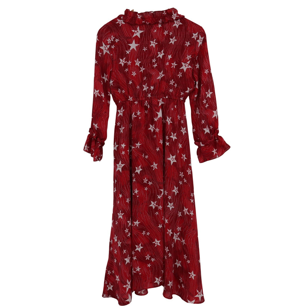 7Modifier Red Star Print Ruffle V-Neck Long Sleeve Midi Dress Size 160/84A