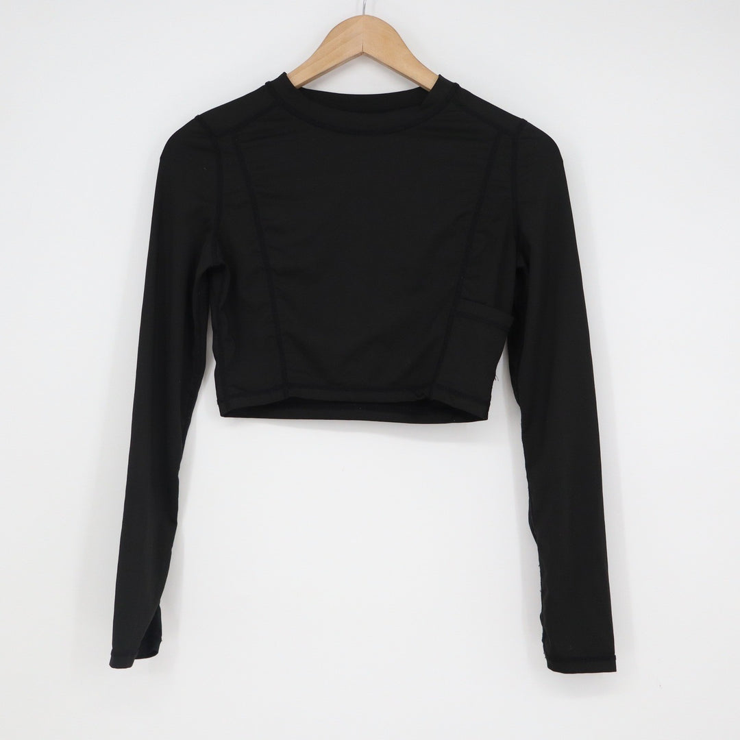 SHEIN Black Long Sleeve Athletic Crop Top Side Pocket Crew Neck Small