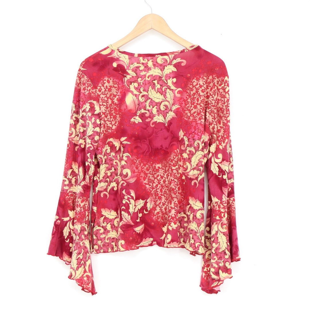 Xhilaration Red Gold Baroque Bell Sleeve V-Neck Tie Top XL Y2K Boho Blouse