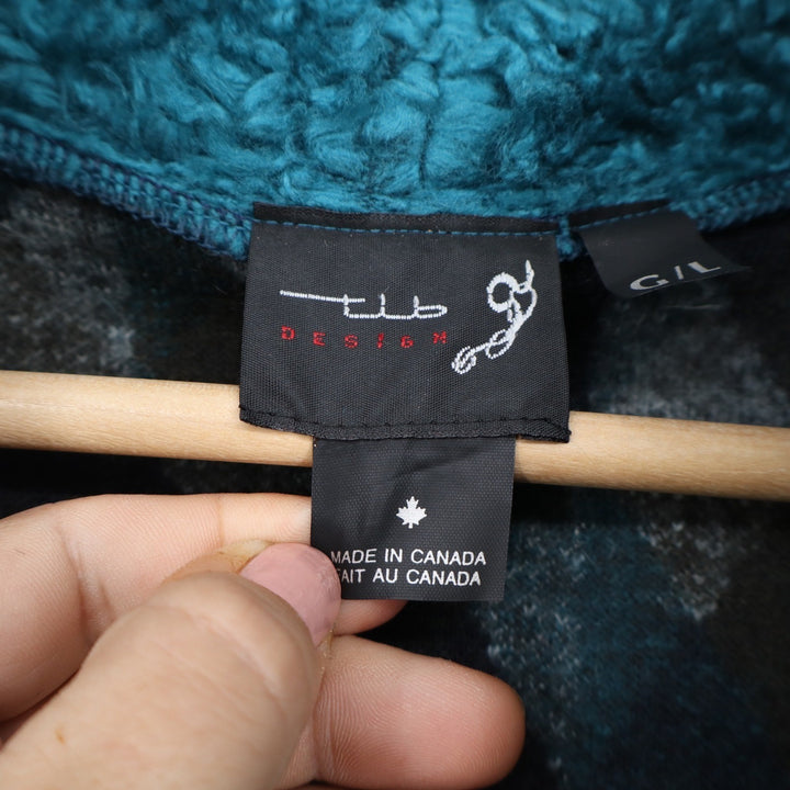 TLB Design Womens Mohair Wool Blend Geometric Jacket Teal Sherpa Trim Large L
