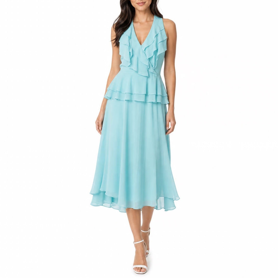 Davids Bridal Aqua Blue Peplum Ruffle Sleeveless Midi Formal Dress Size 4