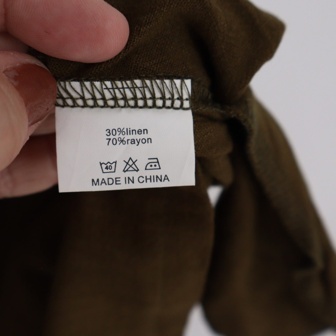 Olive Green Linen Blend Smocked Back Romper Adjustable Straps Large