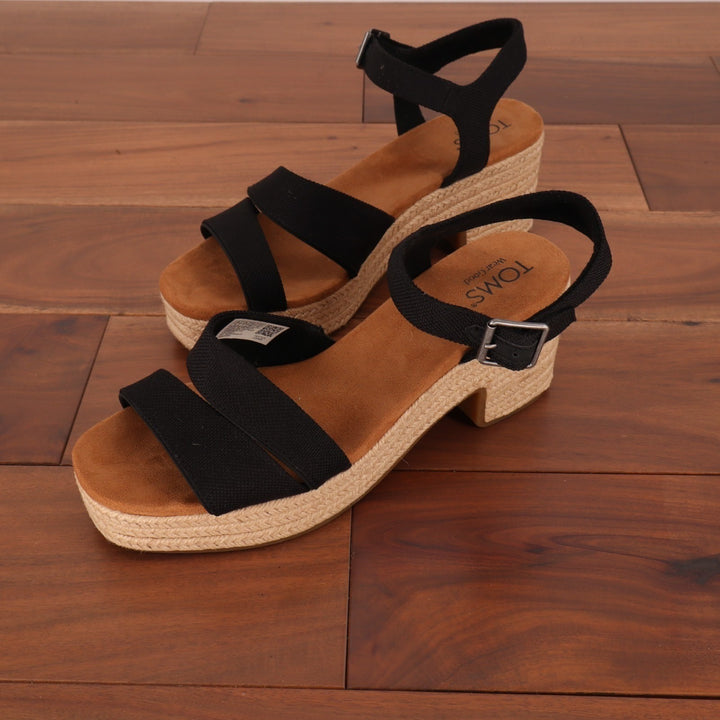 Toms Kiki Strappy Womens US 9 Black Ankle Strap Block Heel Espadrille Sandals