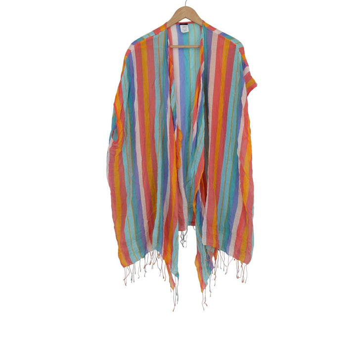 J.Crew Womens Rainbow Striped Organic Cotton Fringe Wrap Kimono S/M Multicolor