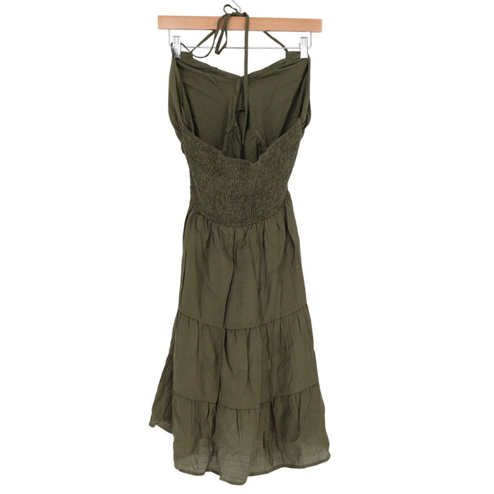 Maxi Dress Womens Large Olive Green Tiered Smocked Back Pleated Halter Neck