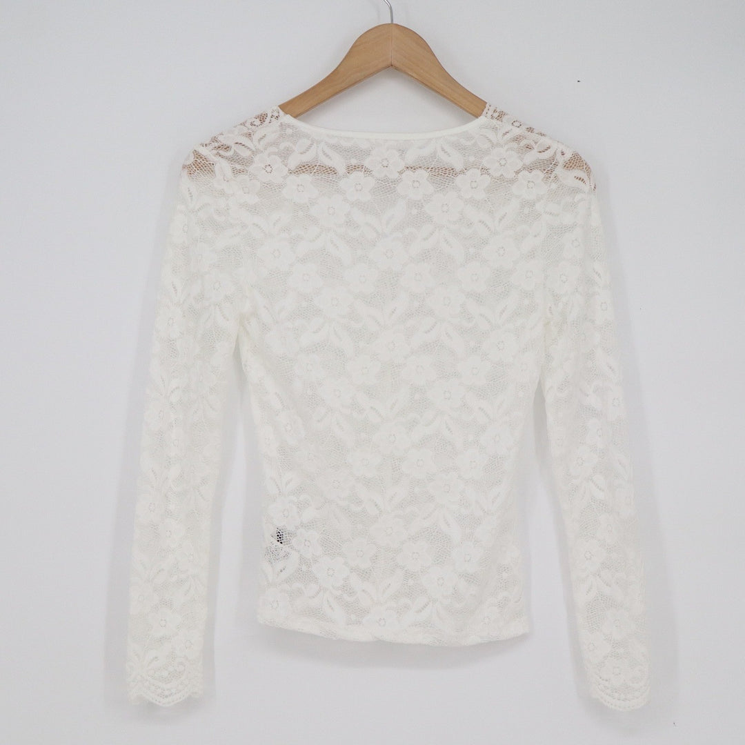 SHEIN White Floral Lace V-Neck Long Sleeve Sheer Blouse Top XS