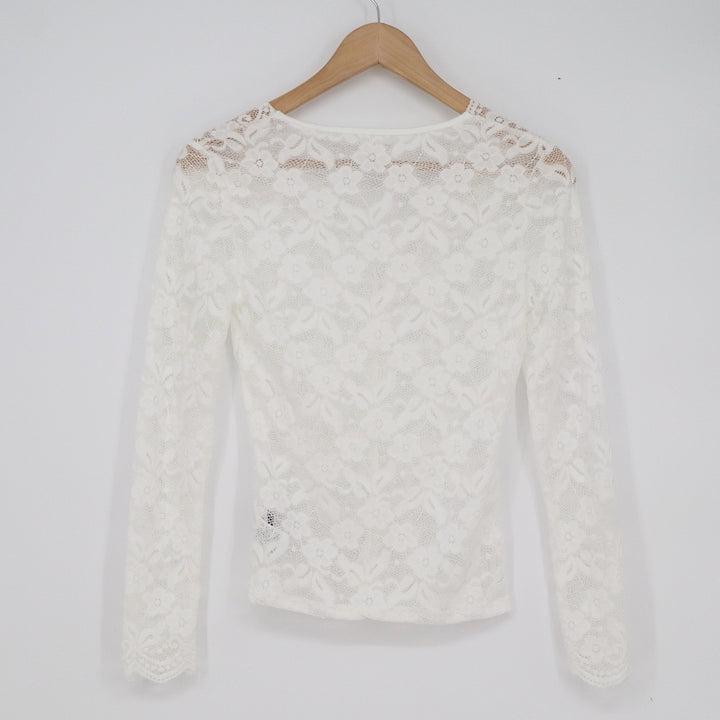 SHEIN White Floral Lace V-Neck Long Sleeve Sheer Blouse Top XS