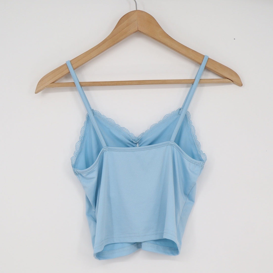 SHEIN Camisole Womens S Light Blue Lace Trim Ruched Crop Top Excellent