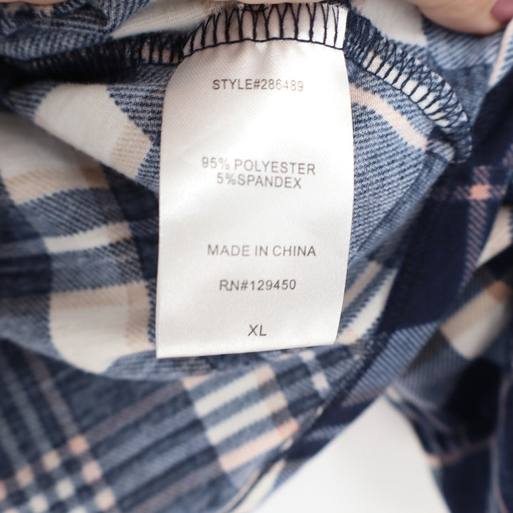 Como Vintage Womens XL Navy Blue Plaid Button Down Shirt Long Sleeve