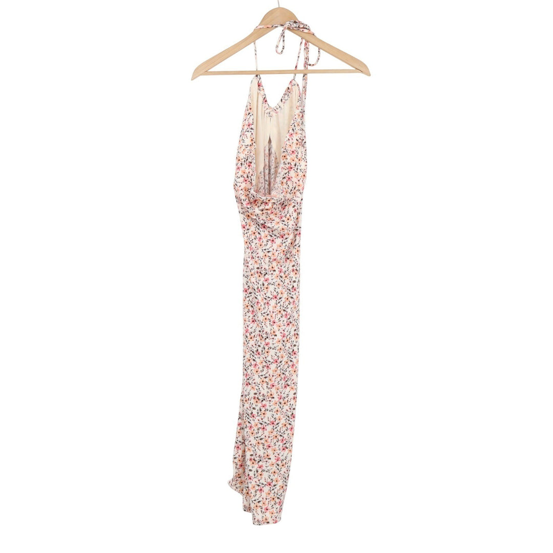 Mistyrose Floral Halter Midi Dress Pink Orange Ribbed Cowl Back M