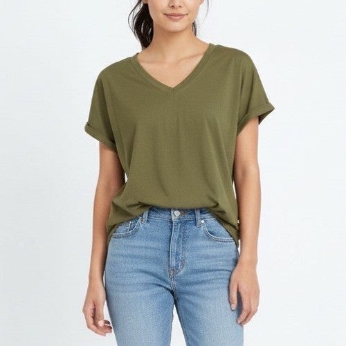 XIEERDUO Olive Green V Neck T Shirt Casual Rolled Sleeve Basic Top Size S