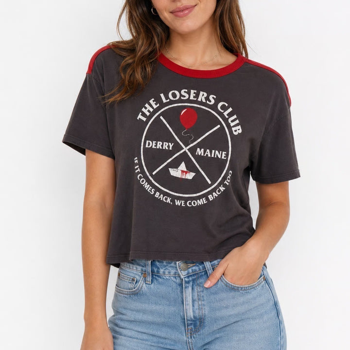 IT Movie The Losers Club Derry Maine Ringer Graphic Tee Grey Red Size M