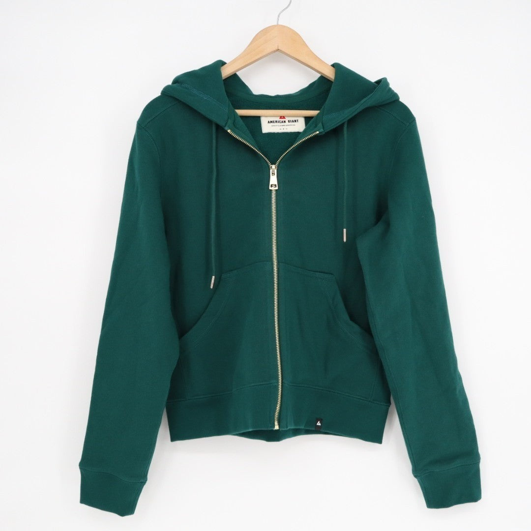 American Giant Hoodie Womens Small Green Logo Fleece Lined Cotton Warm Full Zip