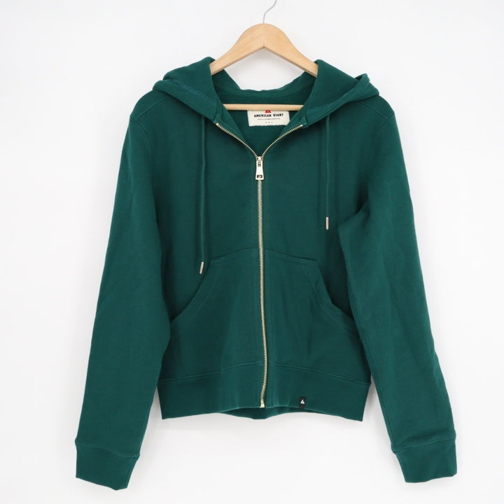 American Giant Hoodie Womens Small Green Logo Fleece Lined Cotton Warm Full Zip