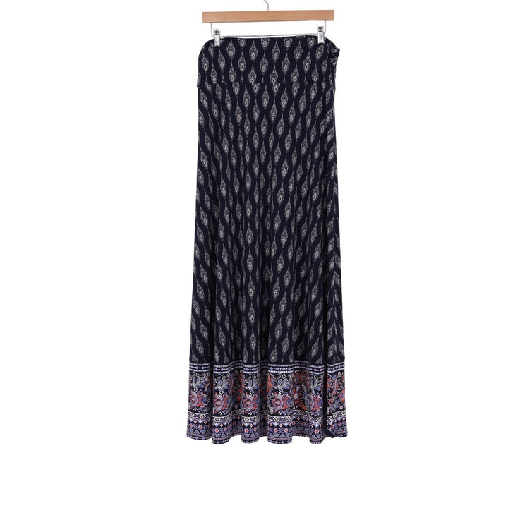 Magnolia Grace Navy Blue Geometric Floral Border Maxi Skirt Large