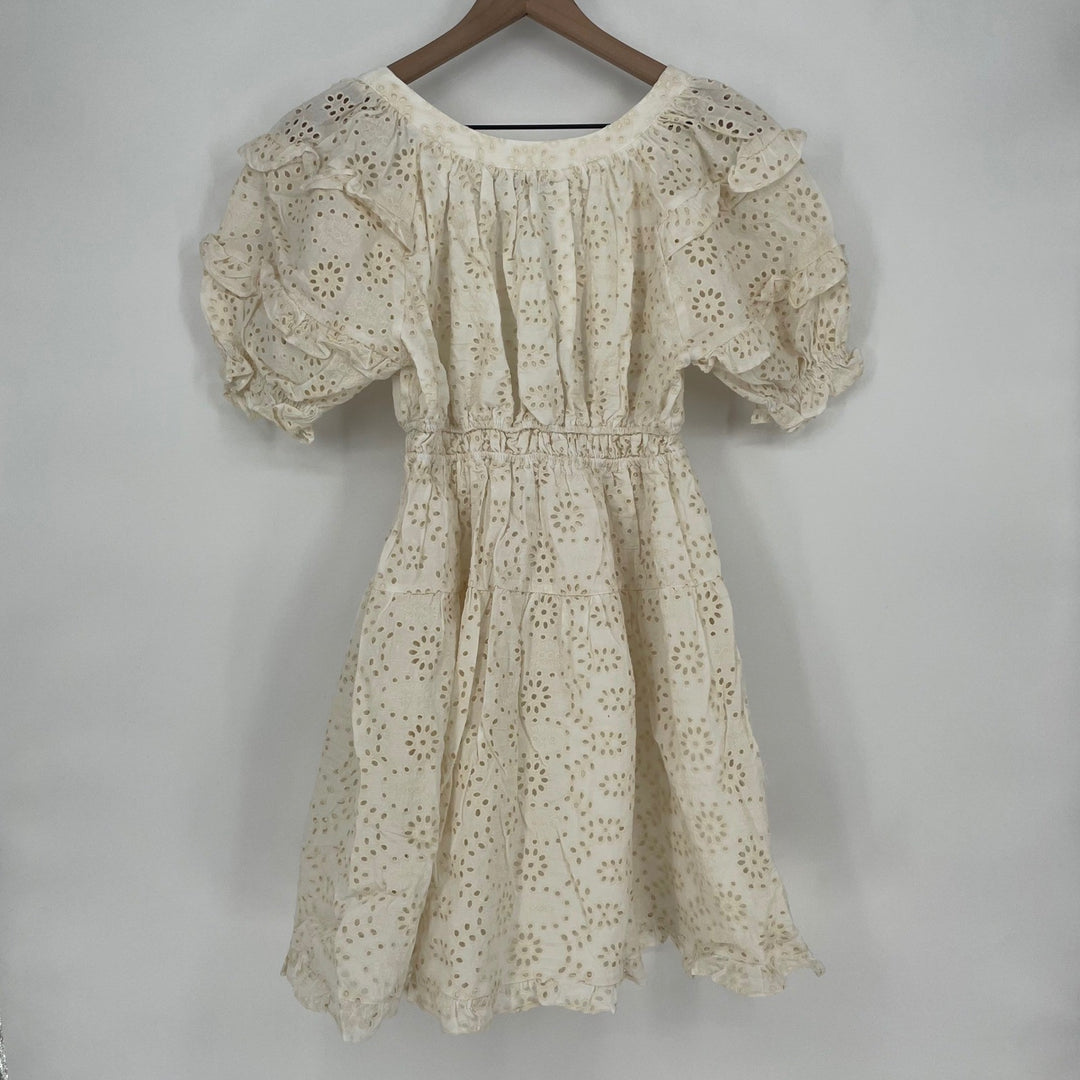 En Saison Eyelet Mini Dress Off White Puff Sleeve Square Neck Tiered Cotton M