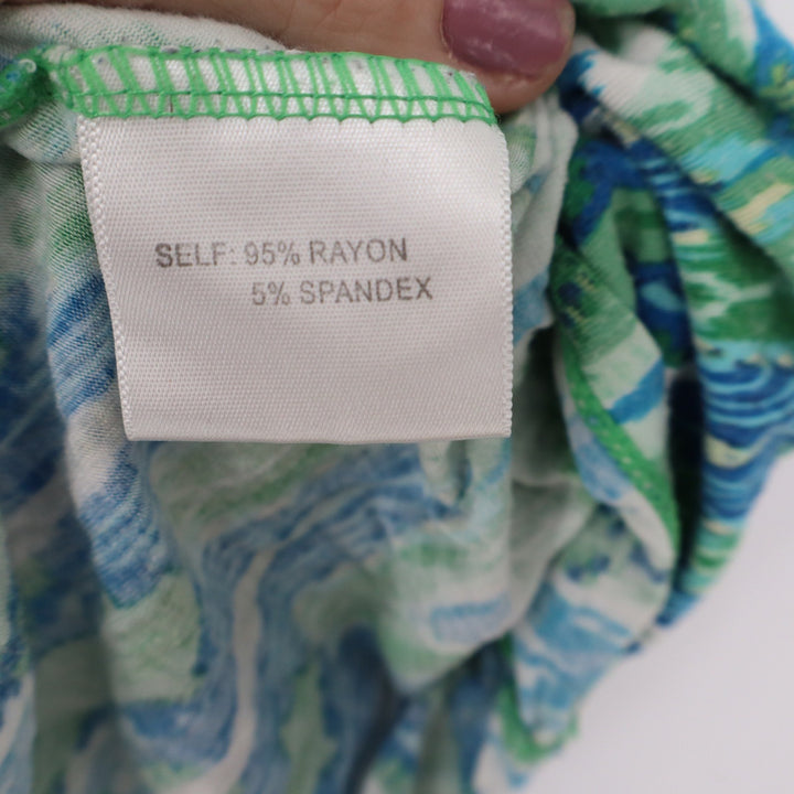 Blue Green Ikat Print Sharkbite Hem Sleeveless Tank Top XL Boho Relaxed Fit