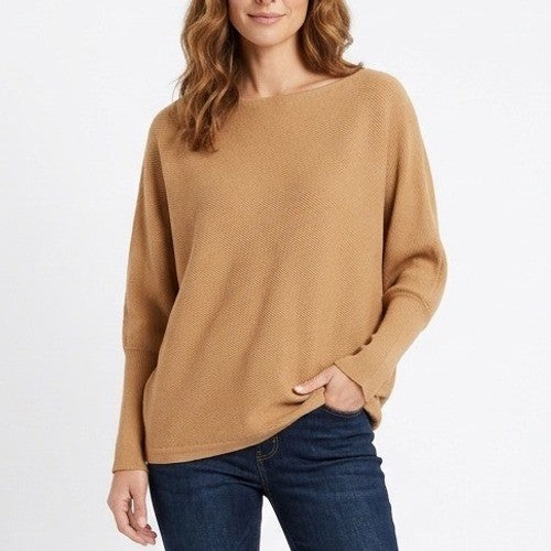 Fashion Sweater Womens Large Camel Brown Knit Boat Neck Ribbed Dolman Sleeve