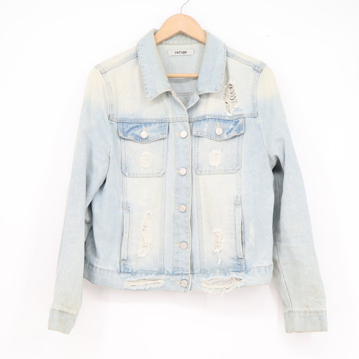 Refuge Womens Distressed Denim Trucker Jacket Light Wash Blue Size L