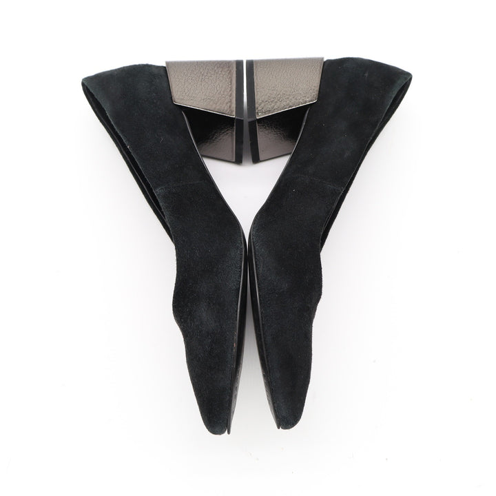 Bleecker & Bond Yasmine Black Suede Pointed Toe Metallic Block Heel Pumps Size 6