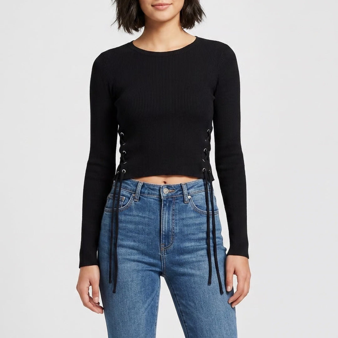 Splendid Womens XS Black Ribbed Long Sleeve Lace Up Side Top Crew Neck
