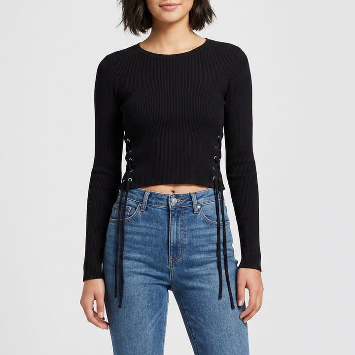 Splendid Womens XS Black Ribbed Long Sleeve Lace Up Side Top Crew Neck