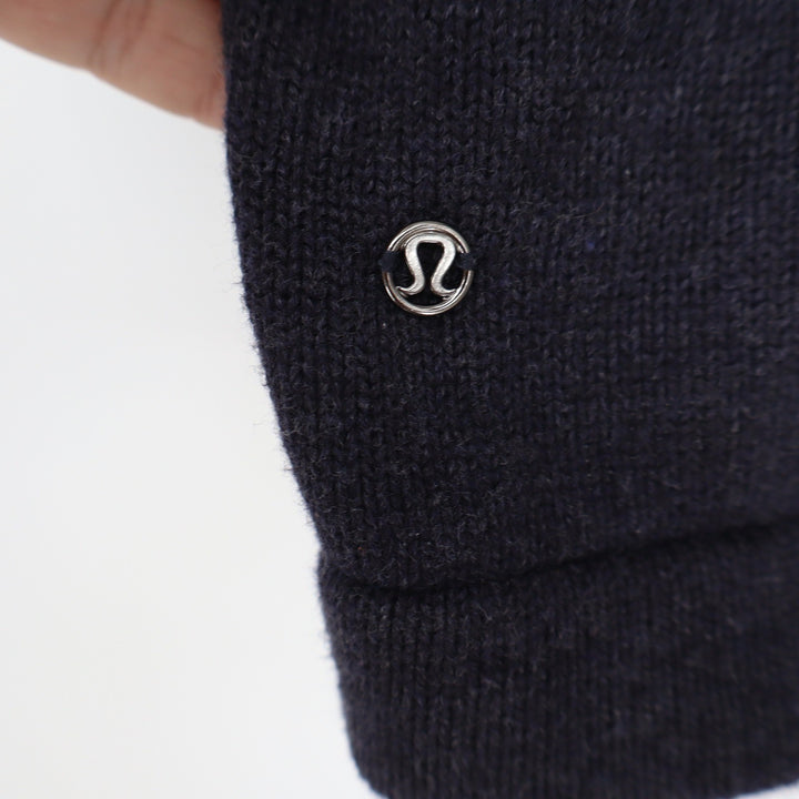 Lululemon Navy Blue Short Sleeve Boxy Knit Sweater Pointelle Back Detail Womens