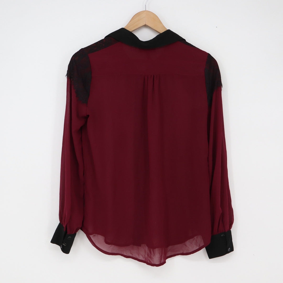 IZ Byer Blouse Womens XS Burgundy Lace Shoulder Contrast Button-down Excellent