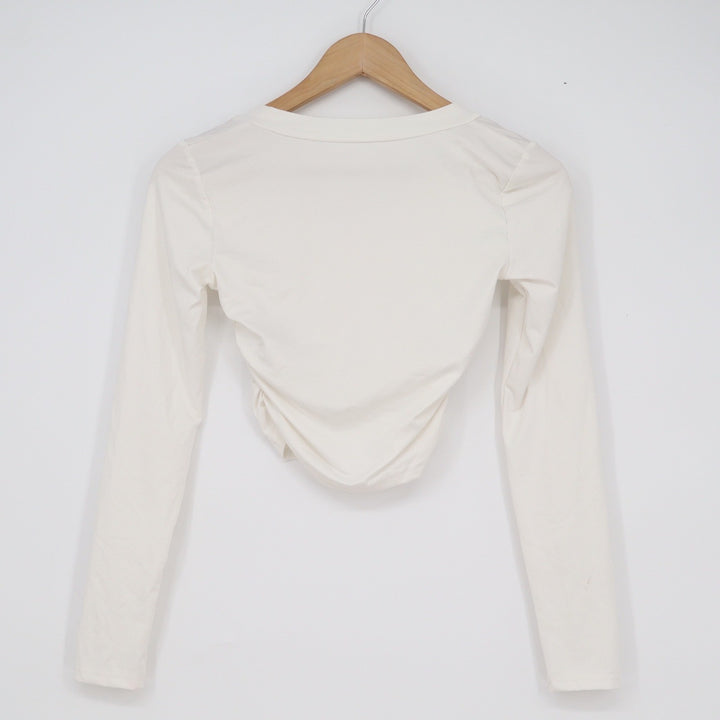 SHEIN Womens Off White V-Neck Ruched Long Sleeve Crop Top Size XS