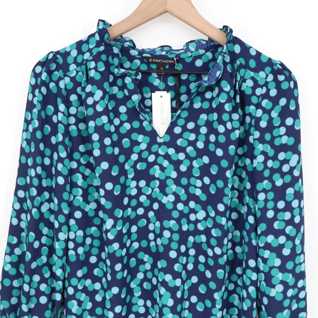 41 Hawthorn Tunic Blouse Womens S Navy Polka Dot Split Neck Tiff Ruffle Detail