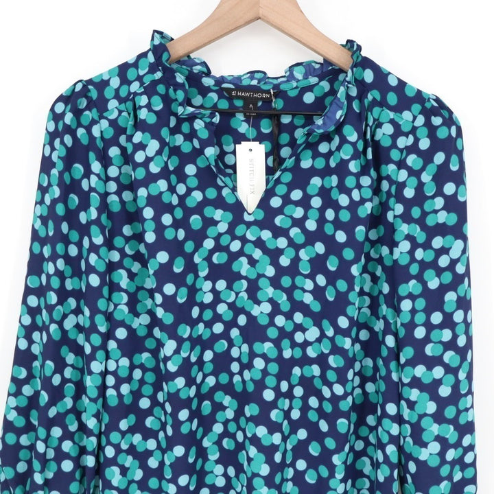 41 Hawthorn Tunic Blouse Womens S Navy Polka Dot Split Neck Tiff Ruffle Detail