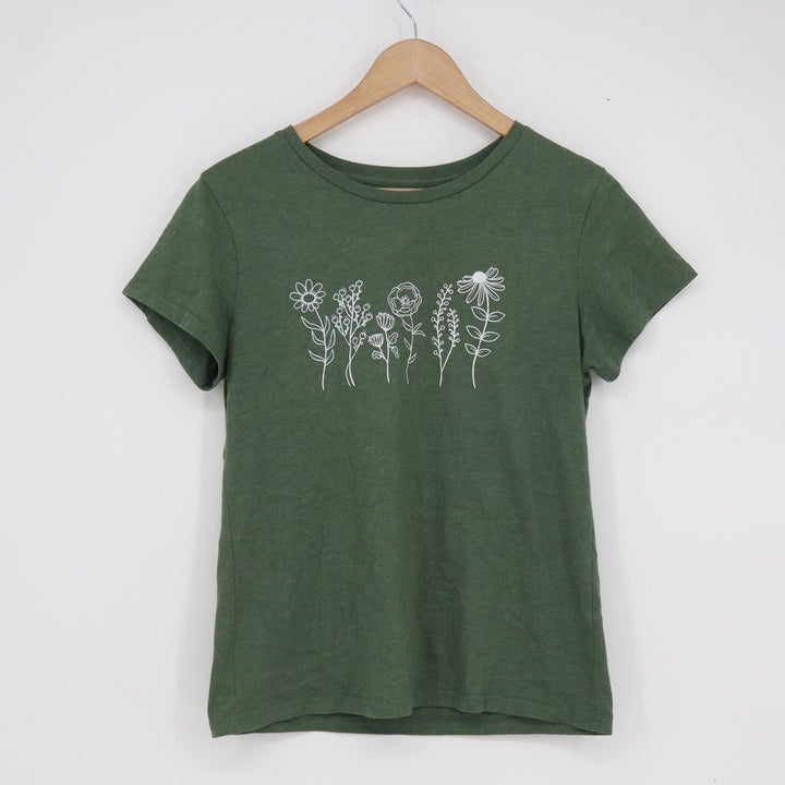 SHEIN Womens Small Green Wildflower Graphic Tee Short Sleeve Cotton Blend Shirt