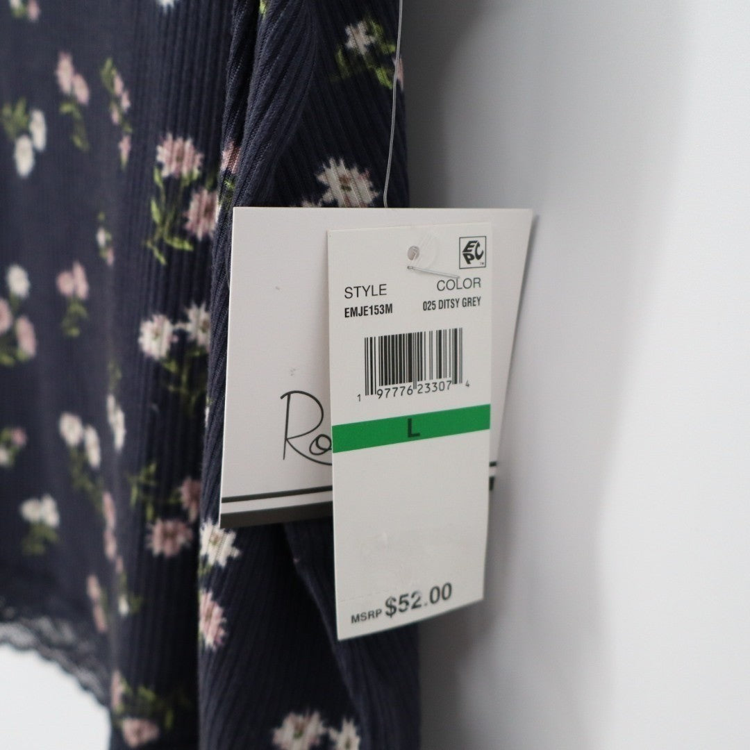 Roudelain Camisole Top Womens Large Navy Floral Stretch Ribbed Spaghetti Strap
