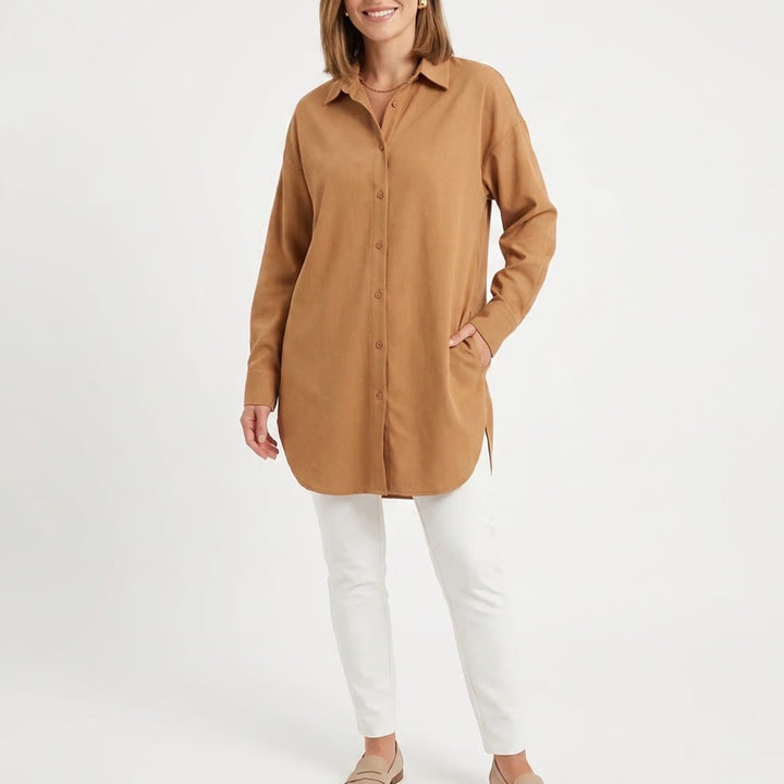 The Warmy Womens 2XL Camel Brown Oversized Longline Button Down Tunic Shirt