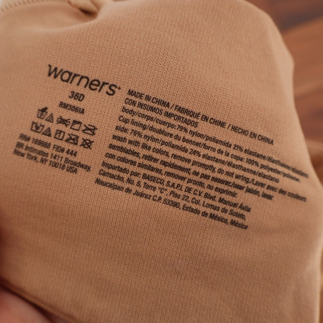 Warners No Side Effects Underarm Smoothing Bra Womens 36D Nude Wireless Padded