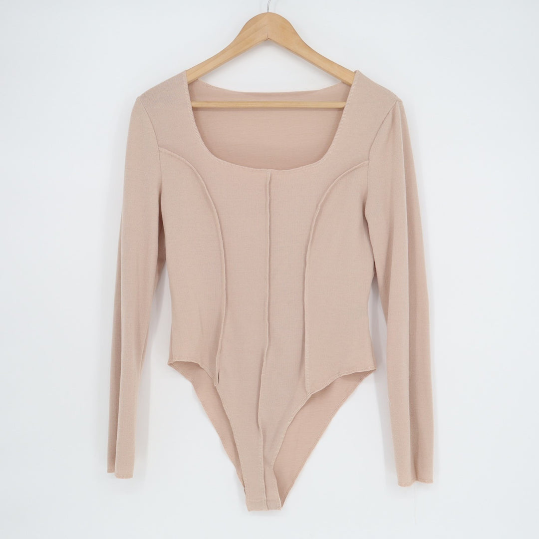 SheIn Corset Bodysuit Womens Medium Beige Stretch Knit Square Neck Long Sleeve