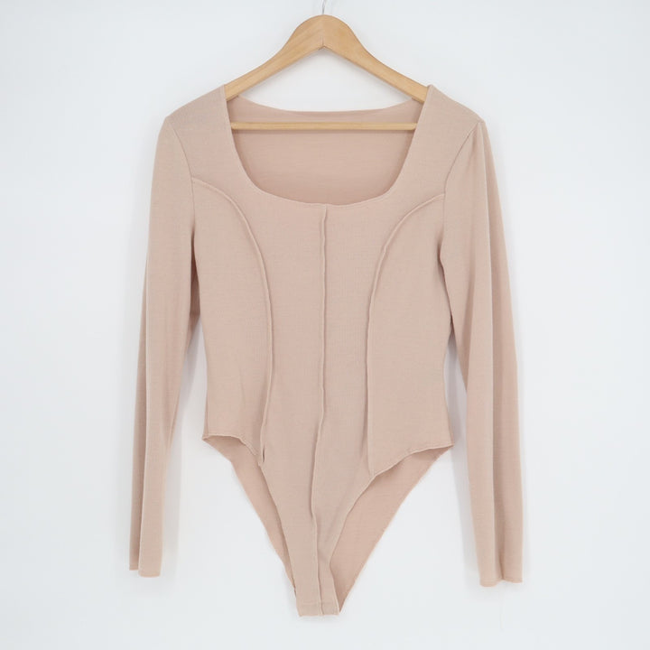 SheIn Corset Bodysuit Womens Medium Beige Stretch Knit Square Neck Long Sleeve