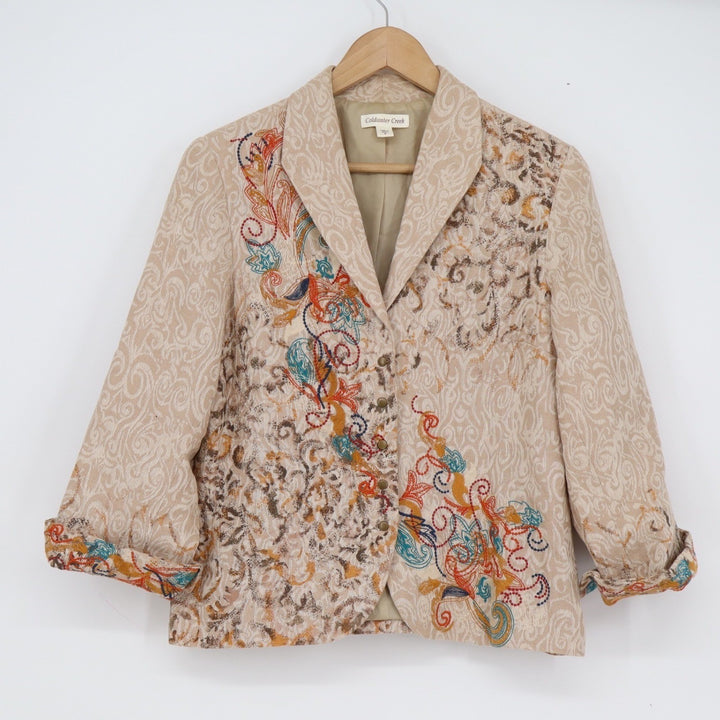 Coldwater Creek Womens 6 Linen Blend Embroidered Jacquard Blazer Tan Floral